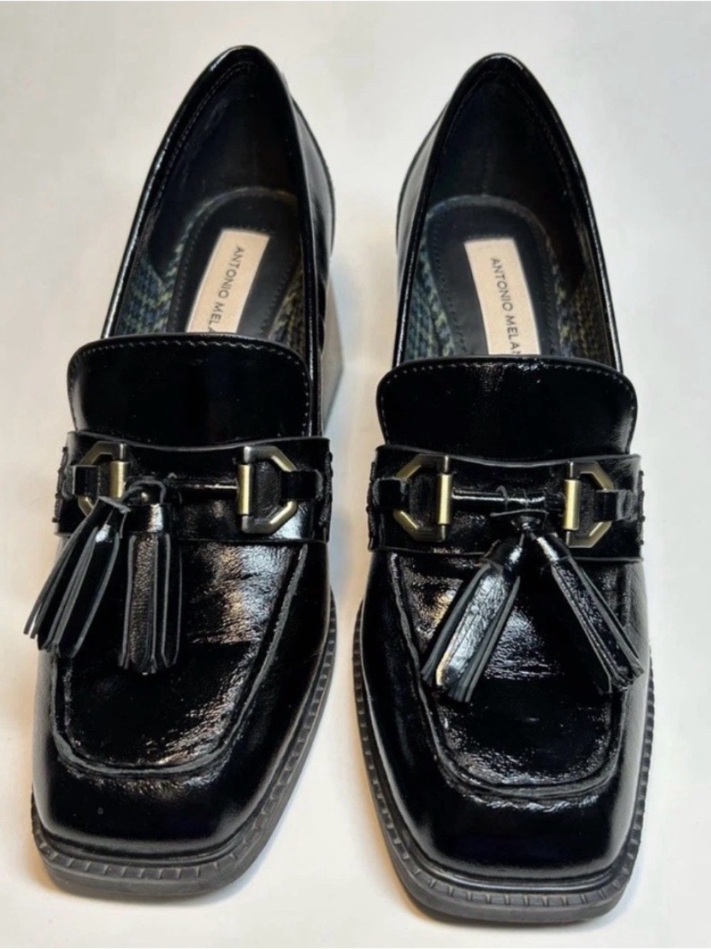 ANTONIO MELANI Black Patent Leather Tassel Slip-On Loafers
